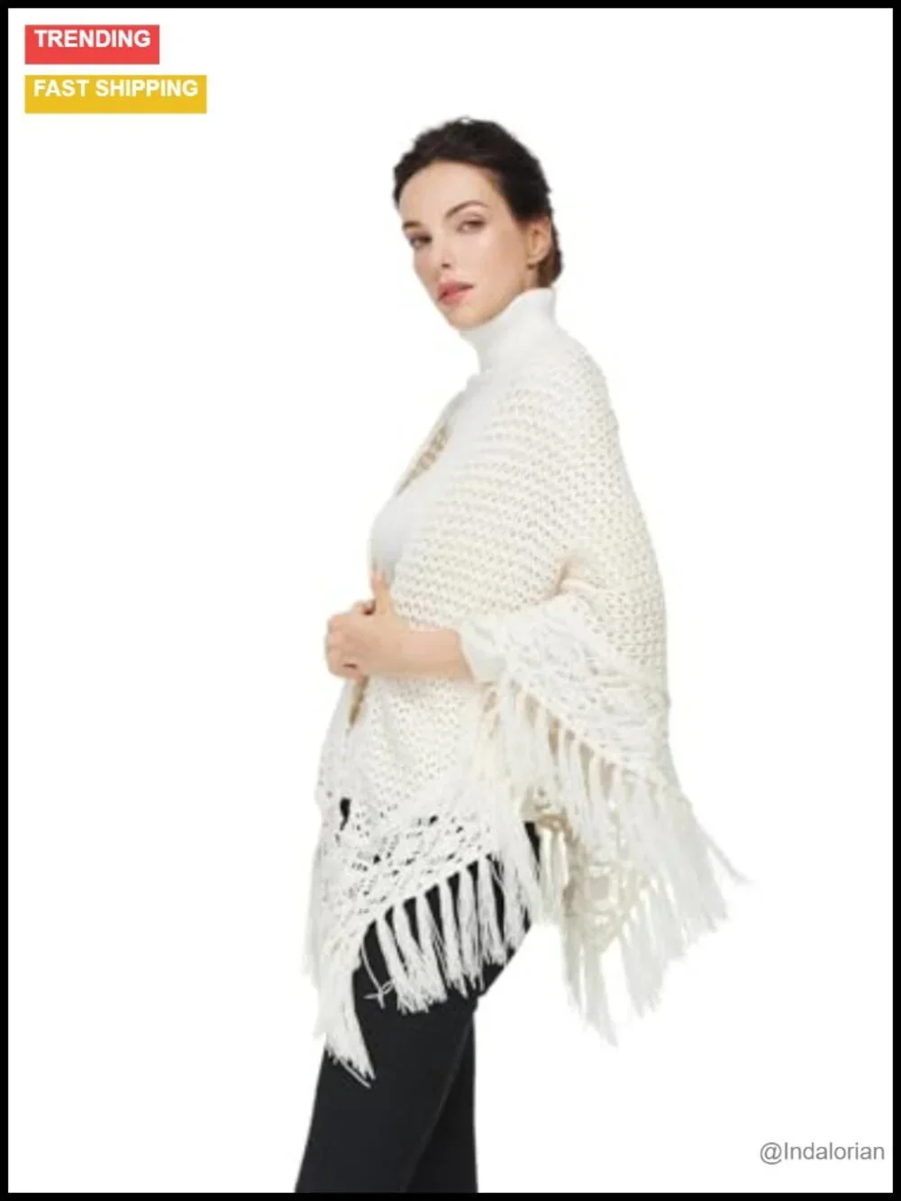 Hand-Crocheted Knit Shawl Wrap with Fringes for Evening Dress Cover Up